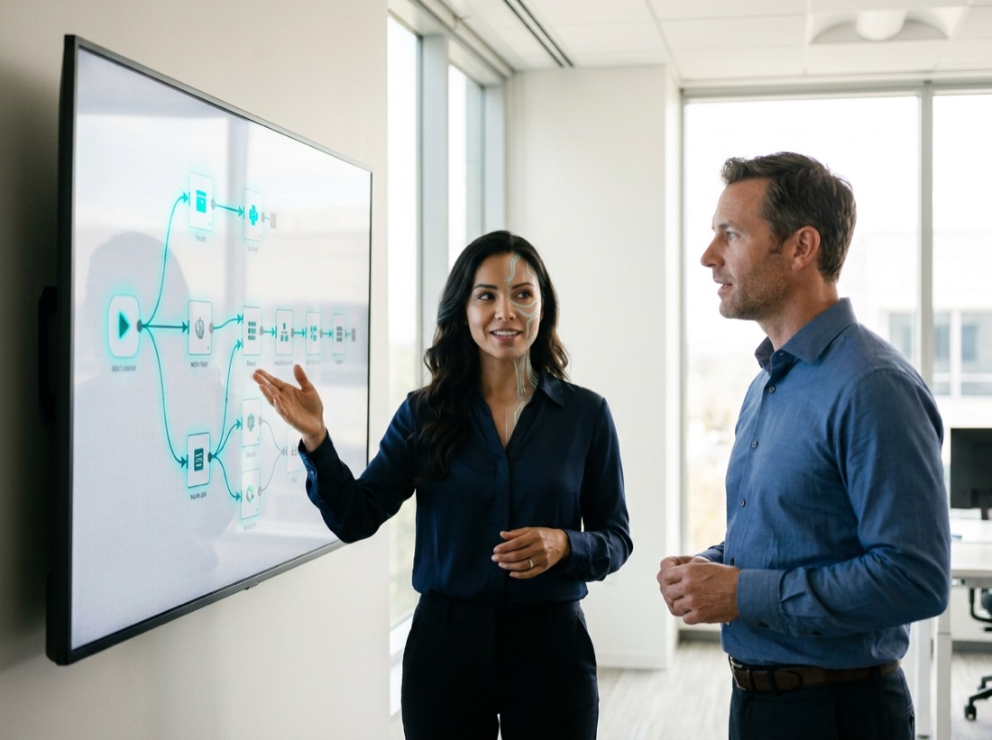 Sofia, employée IA, présente une automatisation sur-mesure à un client